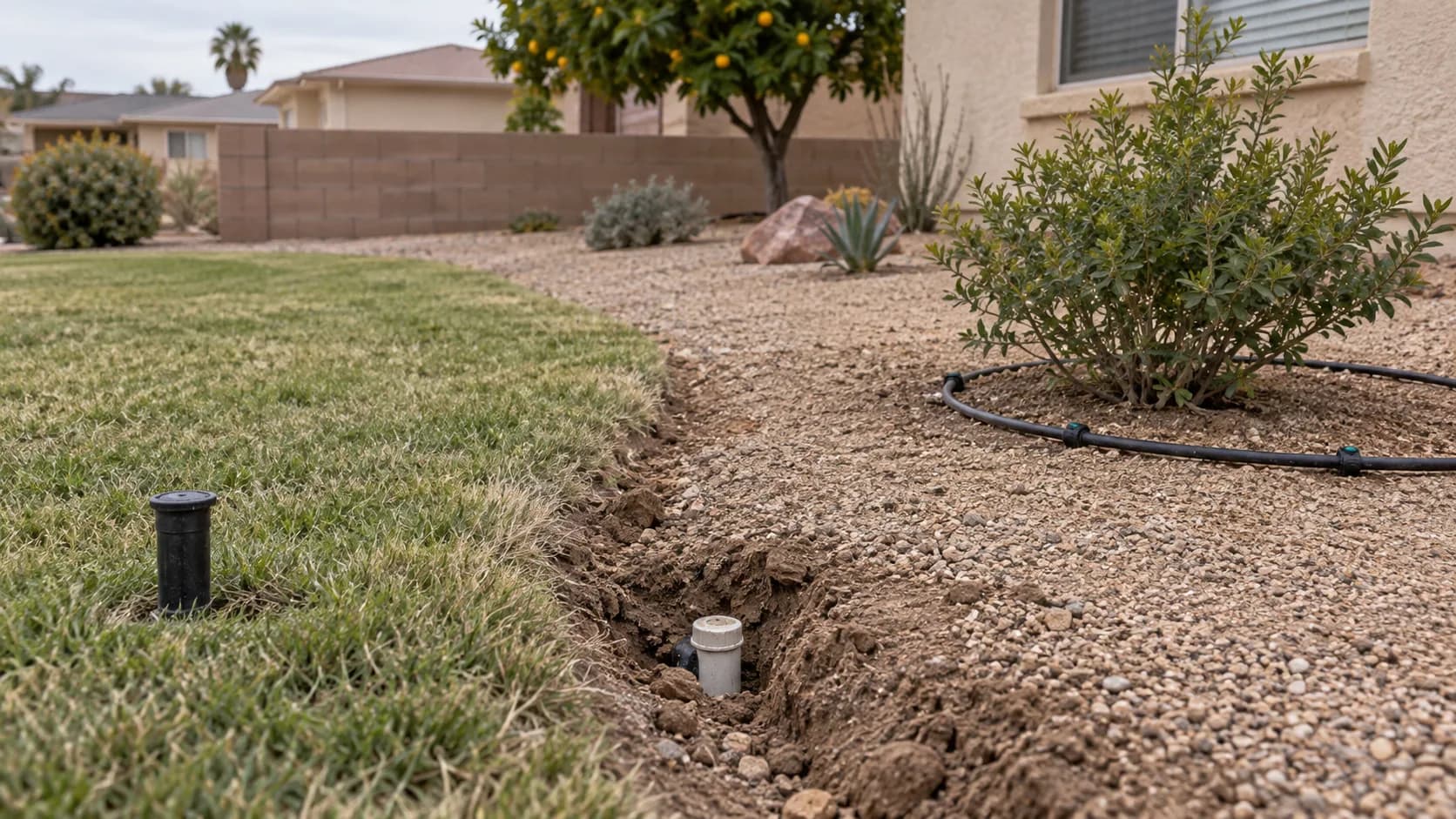 A remaining lawn with a sprinkler head beside a gravel bed with drip tubing and a capped fitting at the transition.
