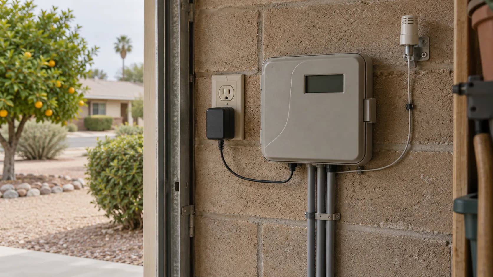 An unbranded irrigation controller with an unlit display beside a garage outlet and sensor lead.