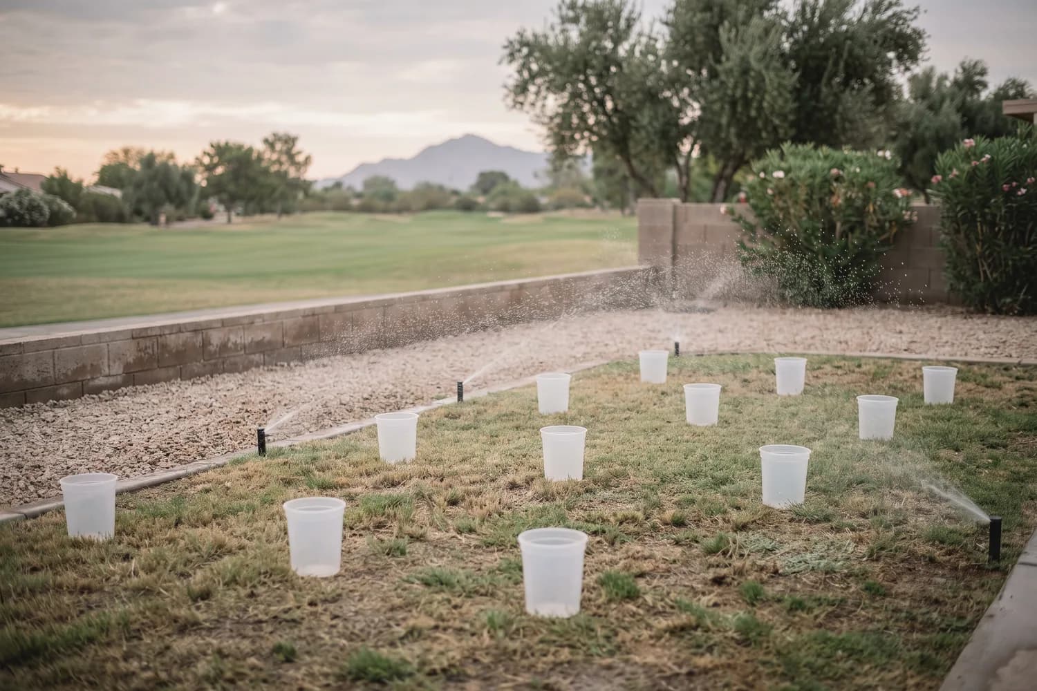 Plain catch cups set in a grid across a turf strip on a golf-course lot with spray heads running over them