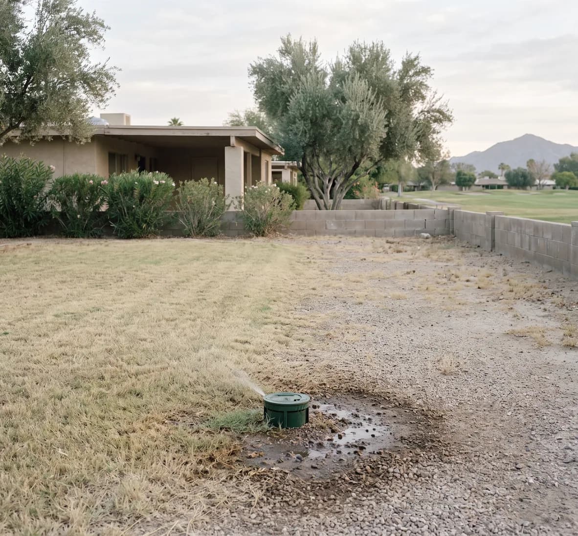 Lowest sprinkler head on a turf strip still dribbling long after the cycle ended