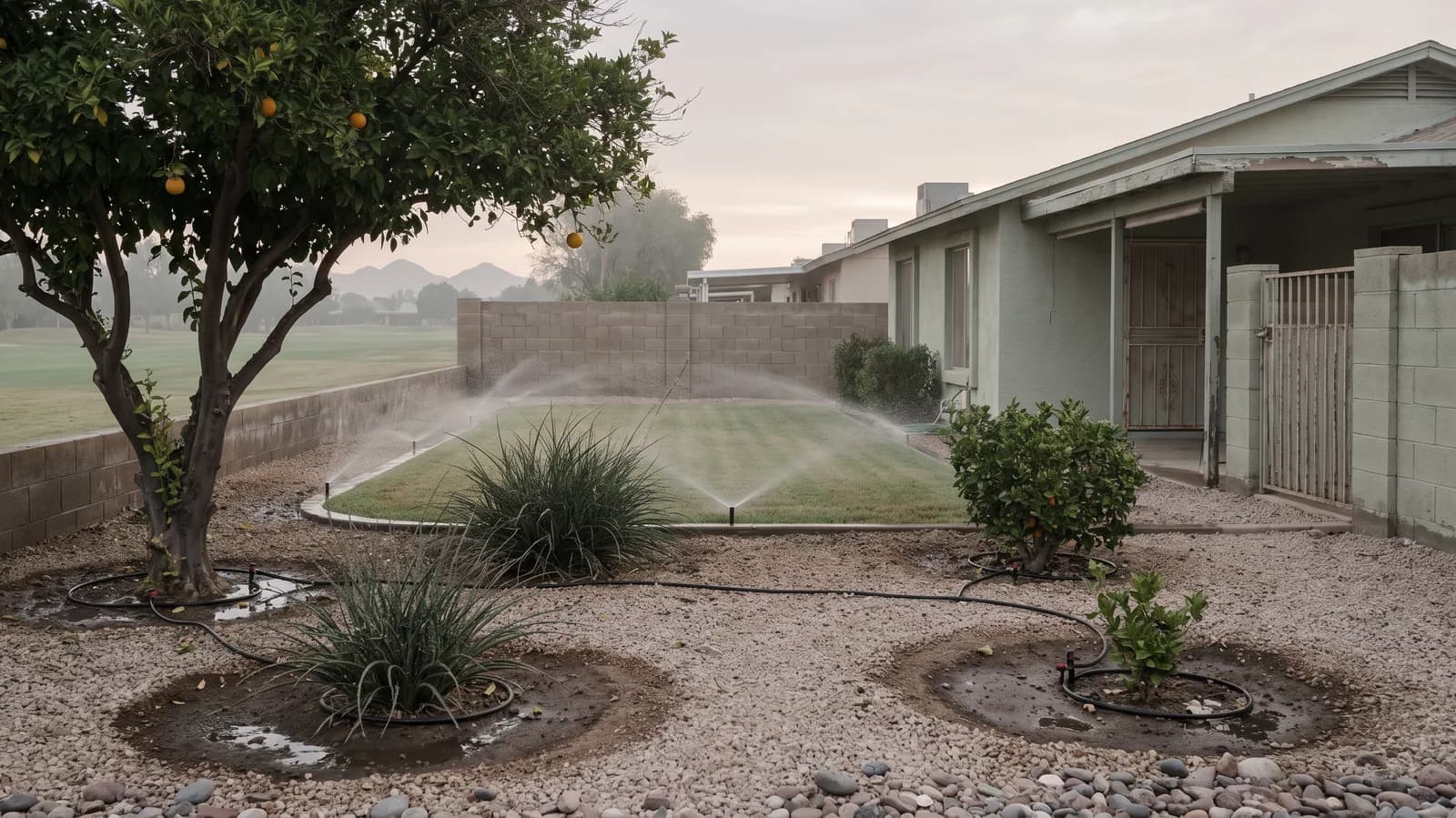 Drip emitters wetting gravel around desert shrubs and a citrus tree, with spray heads on a turf strip toward the fairway on a Sun City lot