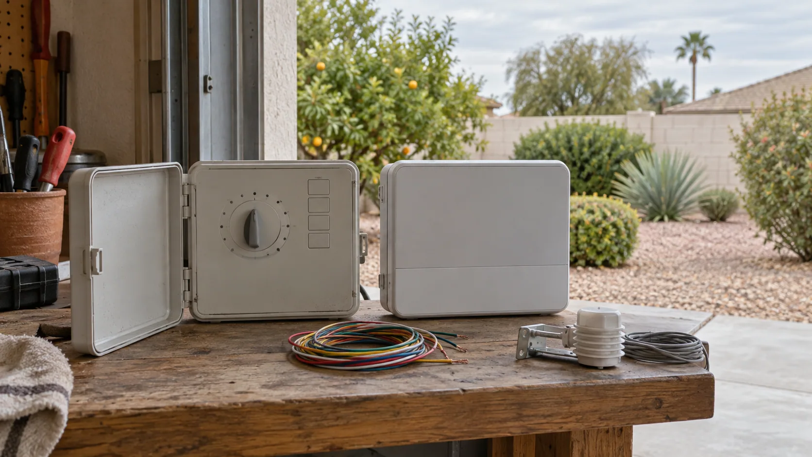 Two unbranded irrigation controllers, wiring and a rain sensor on a workbench