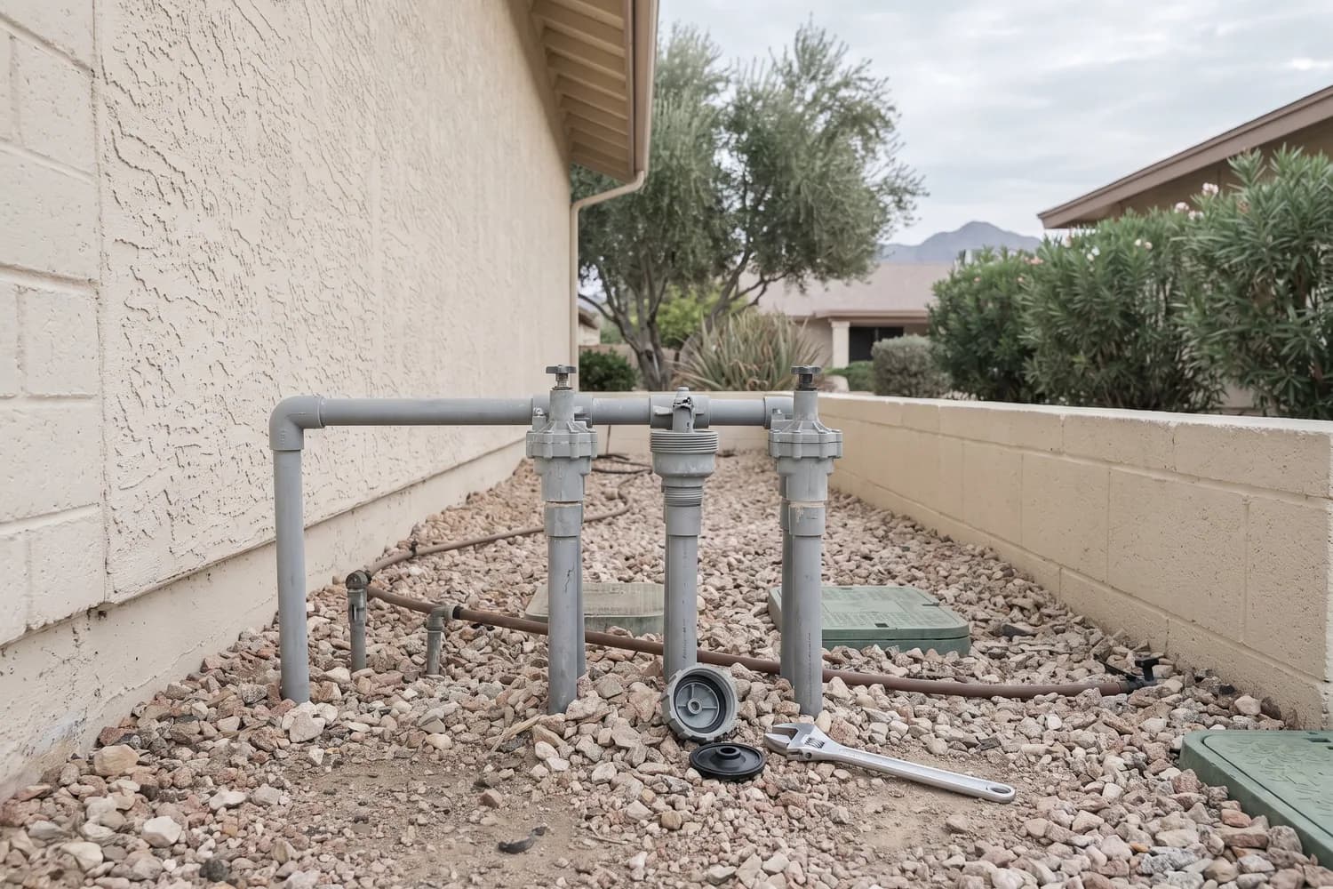 Older above-ground valve manifold against a block wall with one valve opened and a new diaphragm beside it
