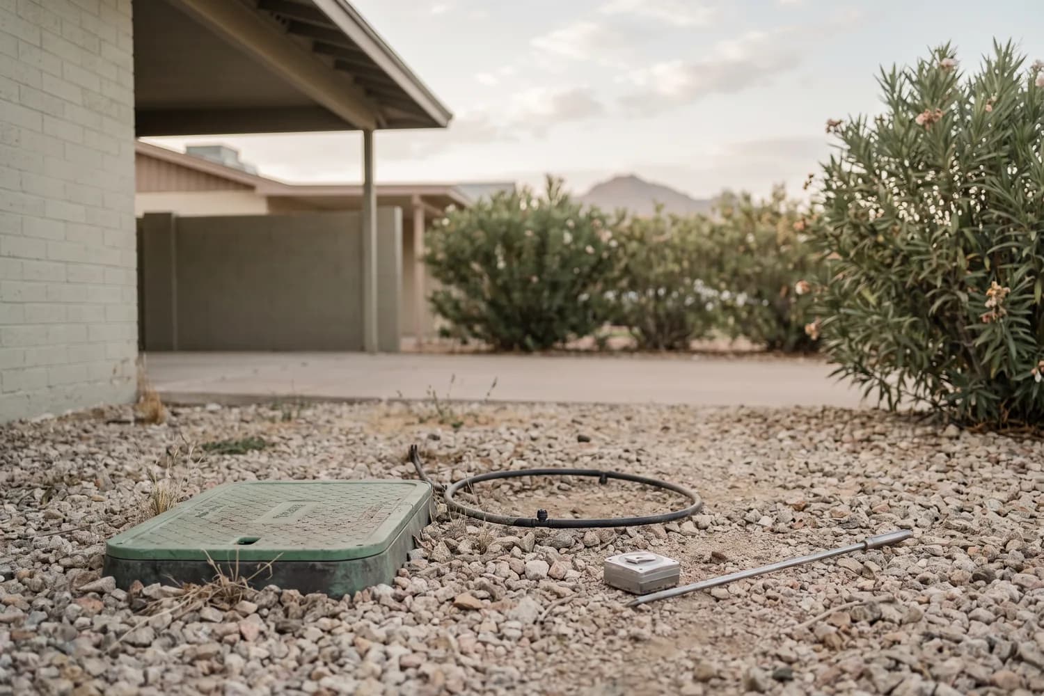Valve-box lid, drip tubing, a tape measure and a soil probe on gravel in a Sun City front yard