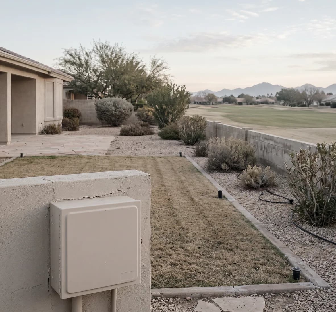 Closed controller box on a patio wall on a winter morning, with a dormant turf strip and dry shrub beds beyond