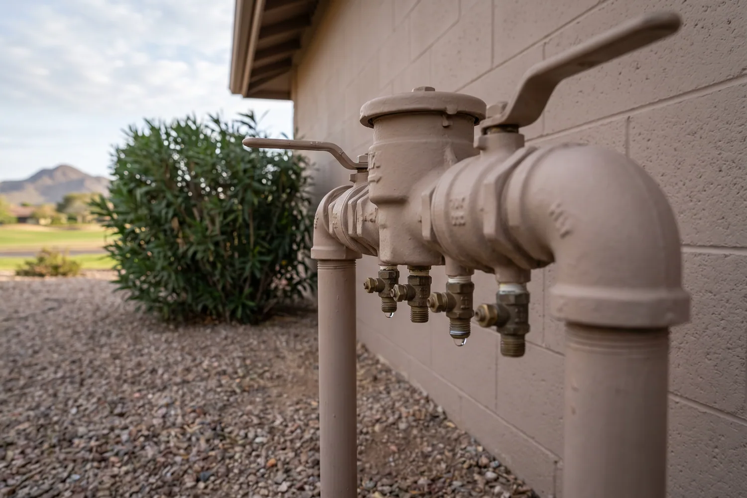 Brass backflow assembly test cocks with a water droplet, on riser pipes beside the front wall of a Sun City home