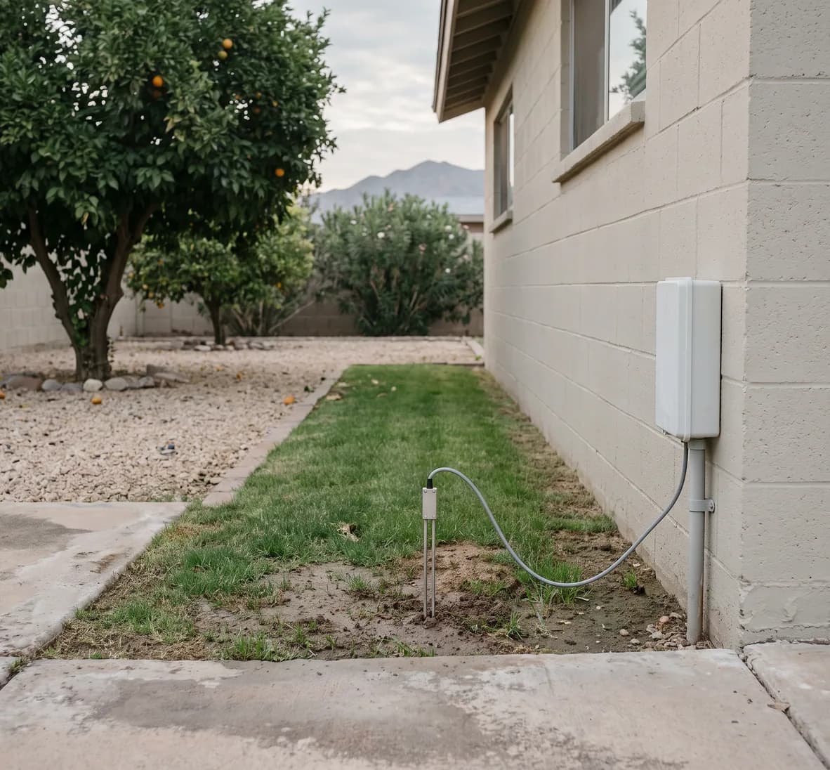Soil moisture sensor pushed into a turf strip, its cable running to a closed white controller on a block wall