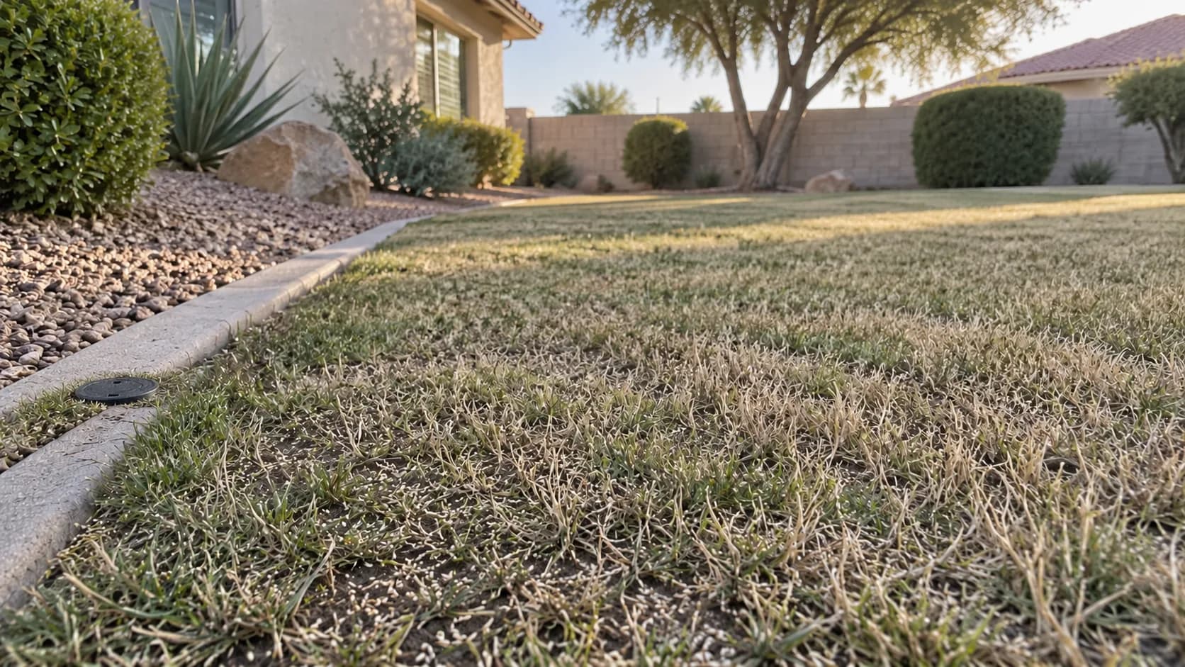 Illustration of rye seed scattered over short Bermuda grass beside an inactive sprinkler head.