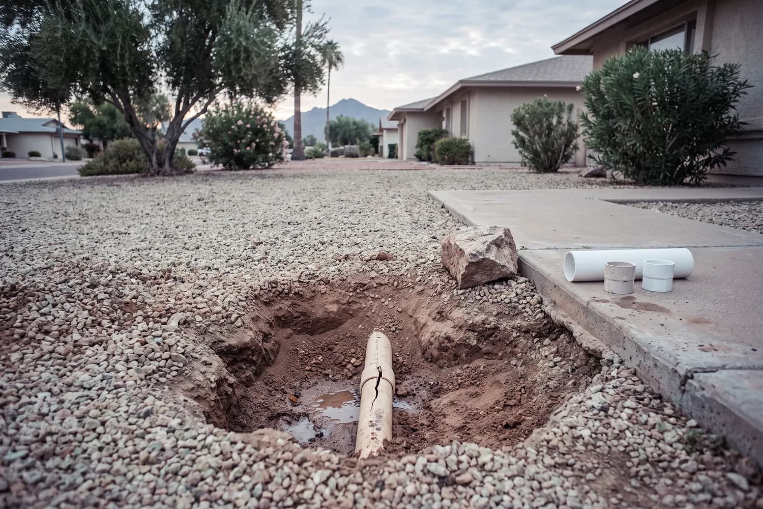 Old PVC line cracked where it lay on a rock, exposed in a hand-dug hole with new pipe and couplings beside it