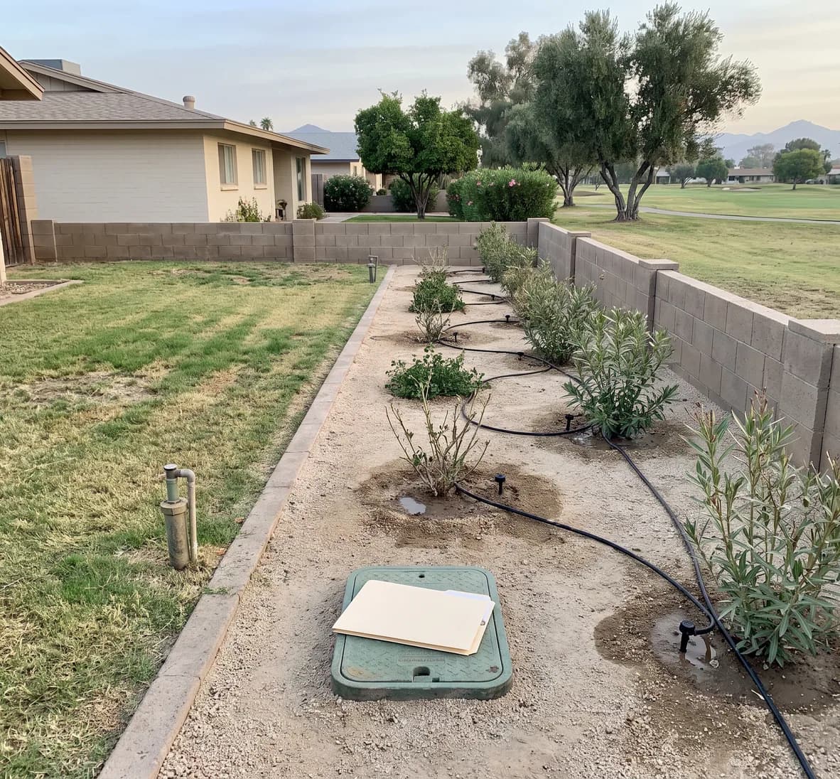 Narrow turf strip half converted to gravel and drip-fed shrubs, with a closed folder on a valve-box lid