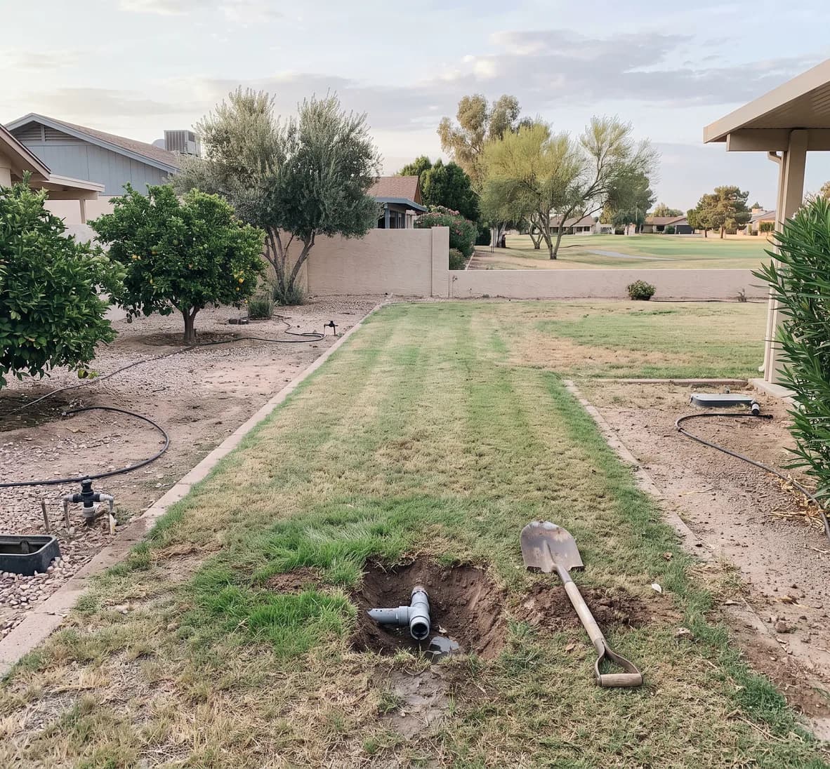 Greener line along a buried pipe route in a turf strip with a small test hole exposing a cracked fitting