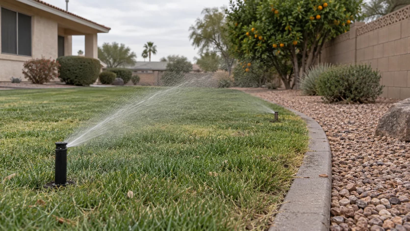 Illustration of two pop-up sprinklers watering a Sun City lawn beside gravel and a citrus tree.