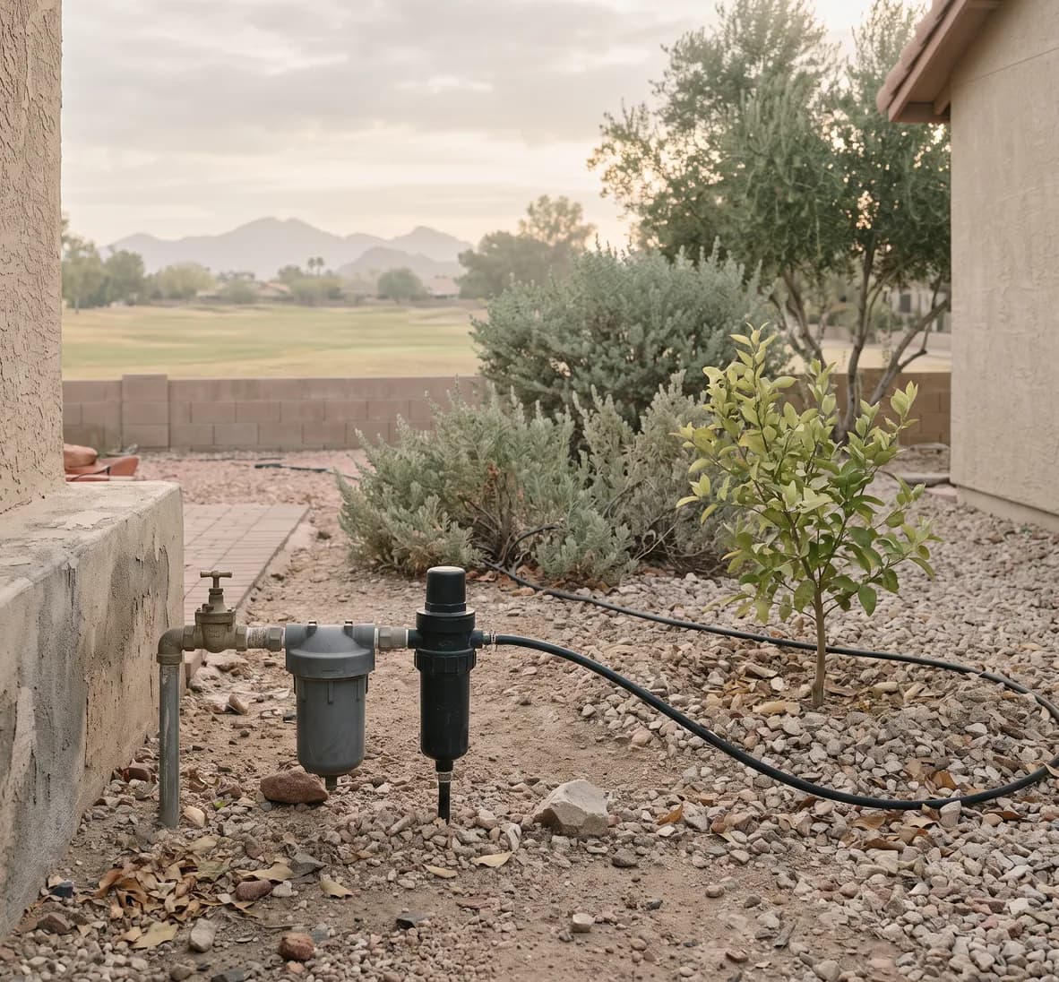 Drip zone head with a valve, filter and pressure regulator in line, the tubing leaving toward shrubs and a citrus tree