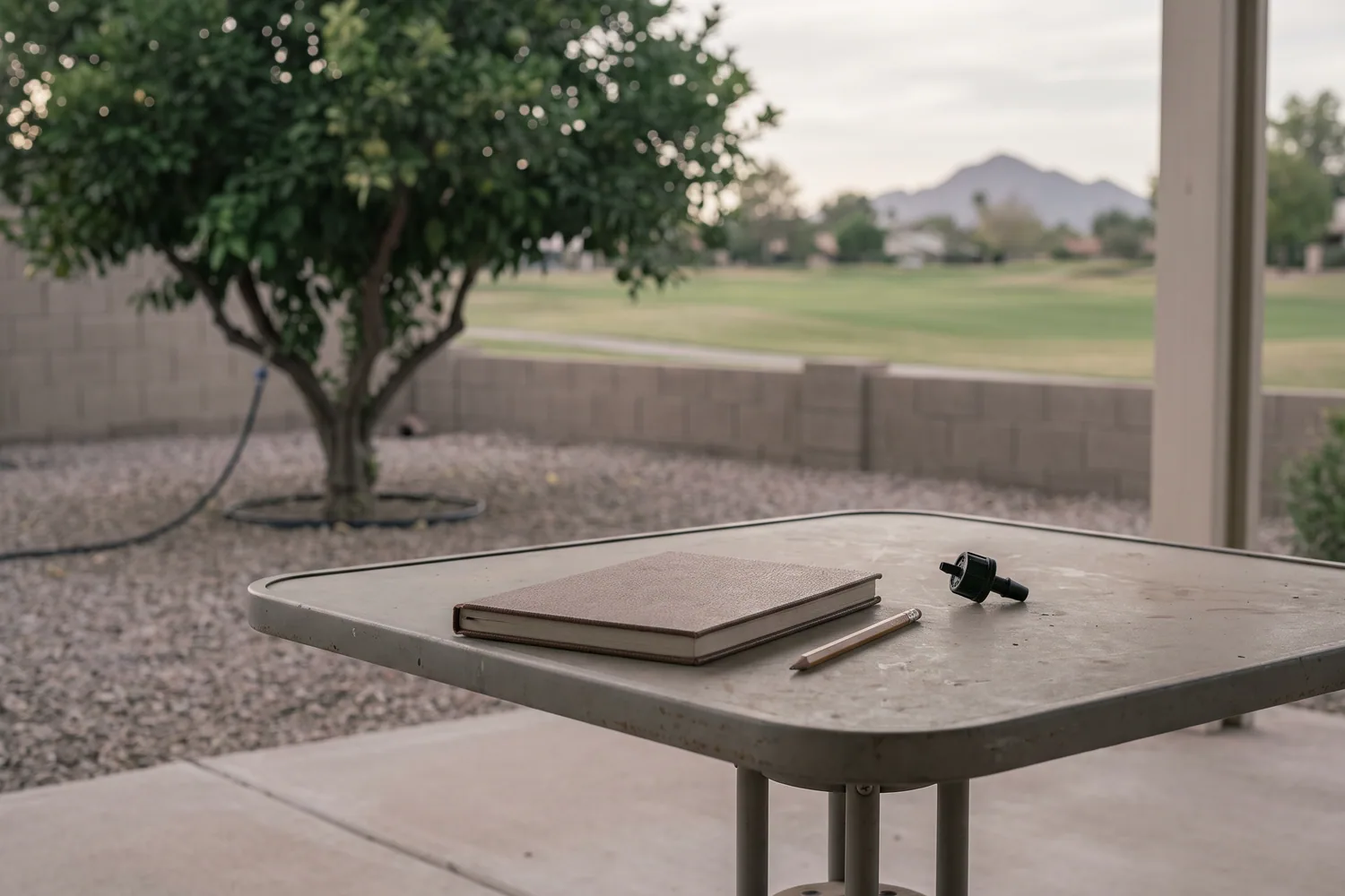 Closed notebook, a pencil and a drip emitter on a shaded patio table, with a Sun City back yard and fairway beyond