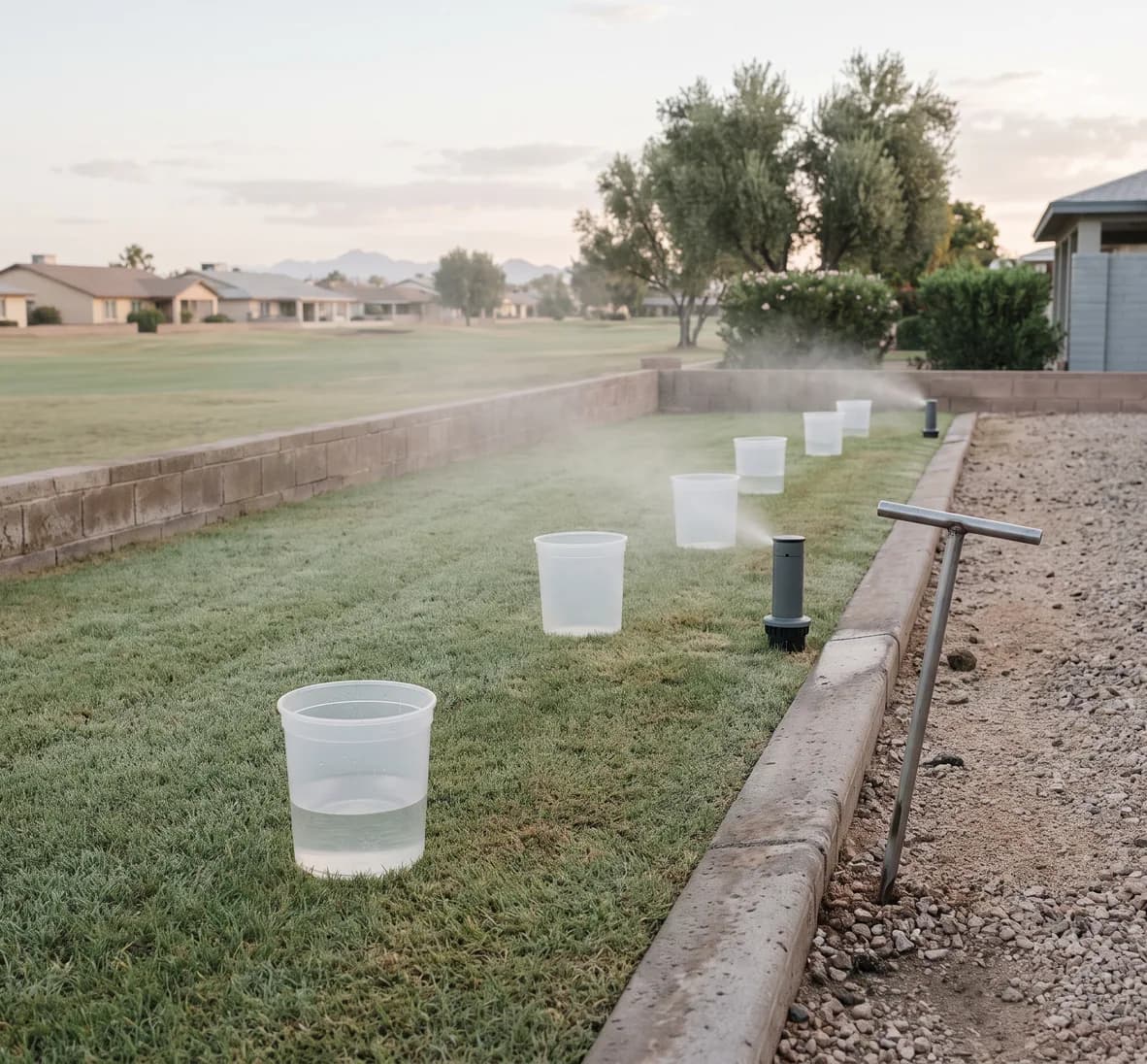 Catch cups on a turf strip with a misting head beyond and a soil probe pushed into the bed edge