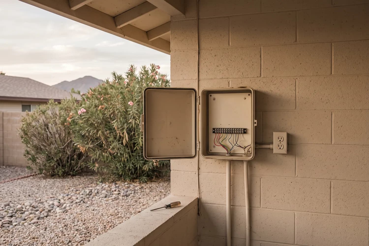Beige irrigation controller with its cover open on a carport block wall, beside the outlet that feeds it