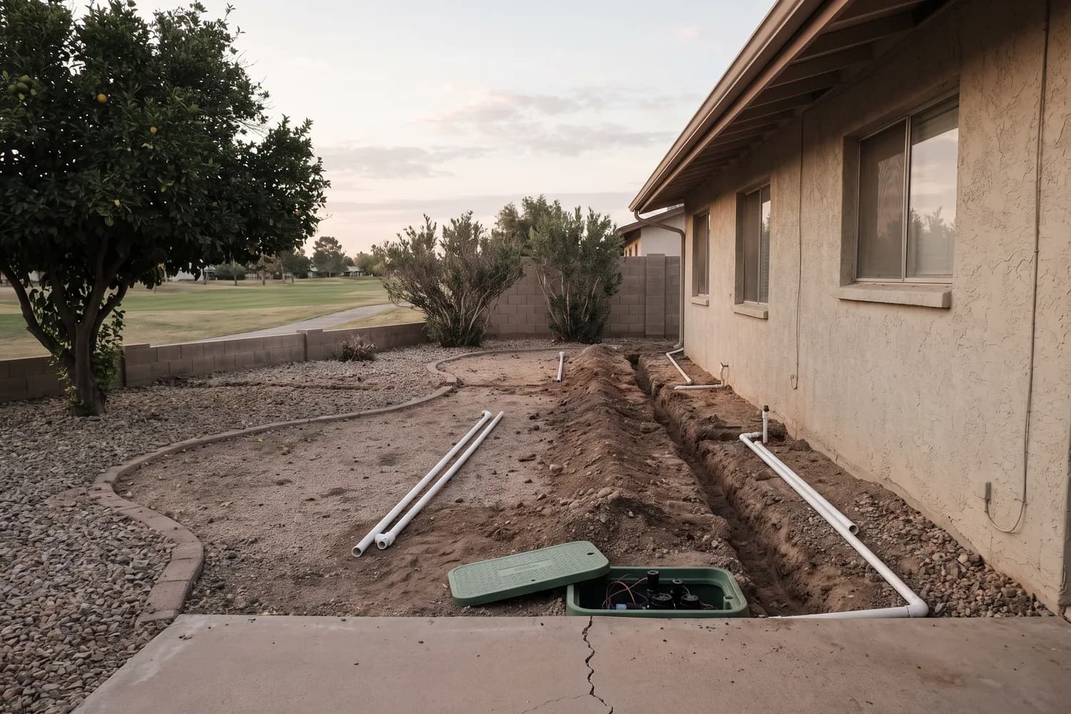 Fresh trenches with new white PVC pipe and a new valve manifold in the back yard of an older Sun City home