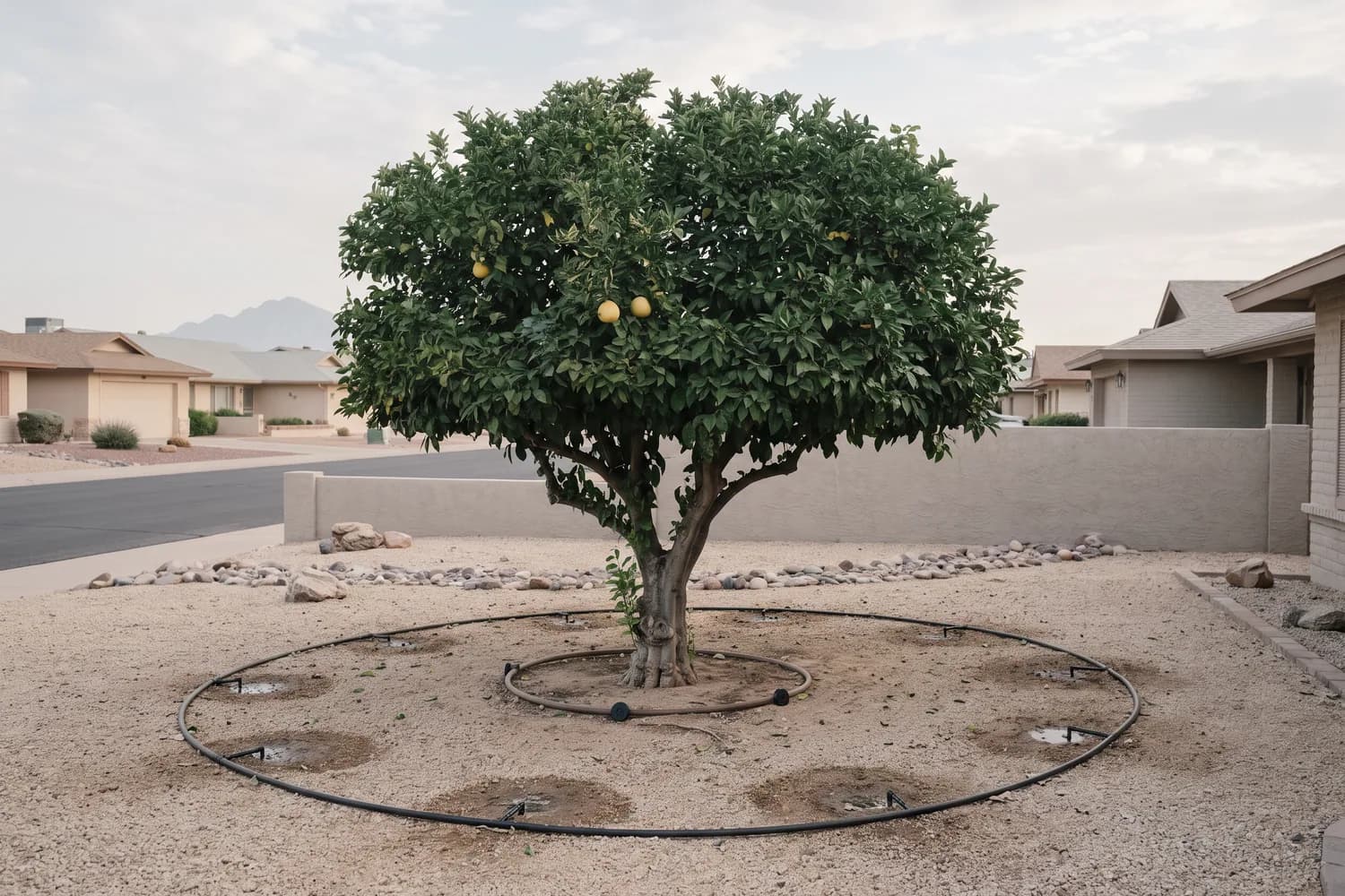 Drip ring laid out near the canopy edge of a mature grapefruit tree, with an older ring at the trunk capped off