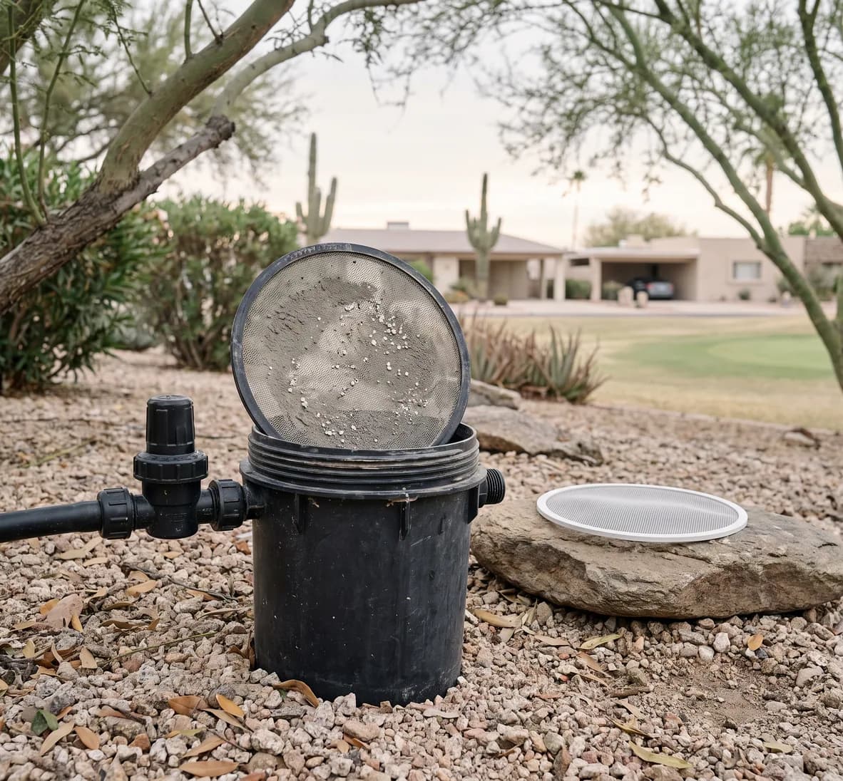 Drip filter opened with its screen coated in sediment and mineral grit beside a cleaned screen