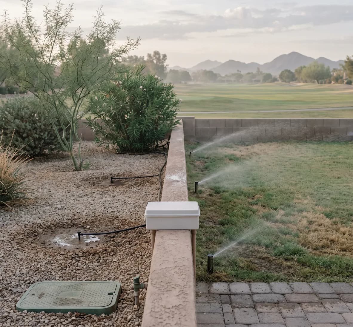 Drip-watered shrub bed beside a sprayed turf strip, seen from beside a closed white controller