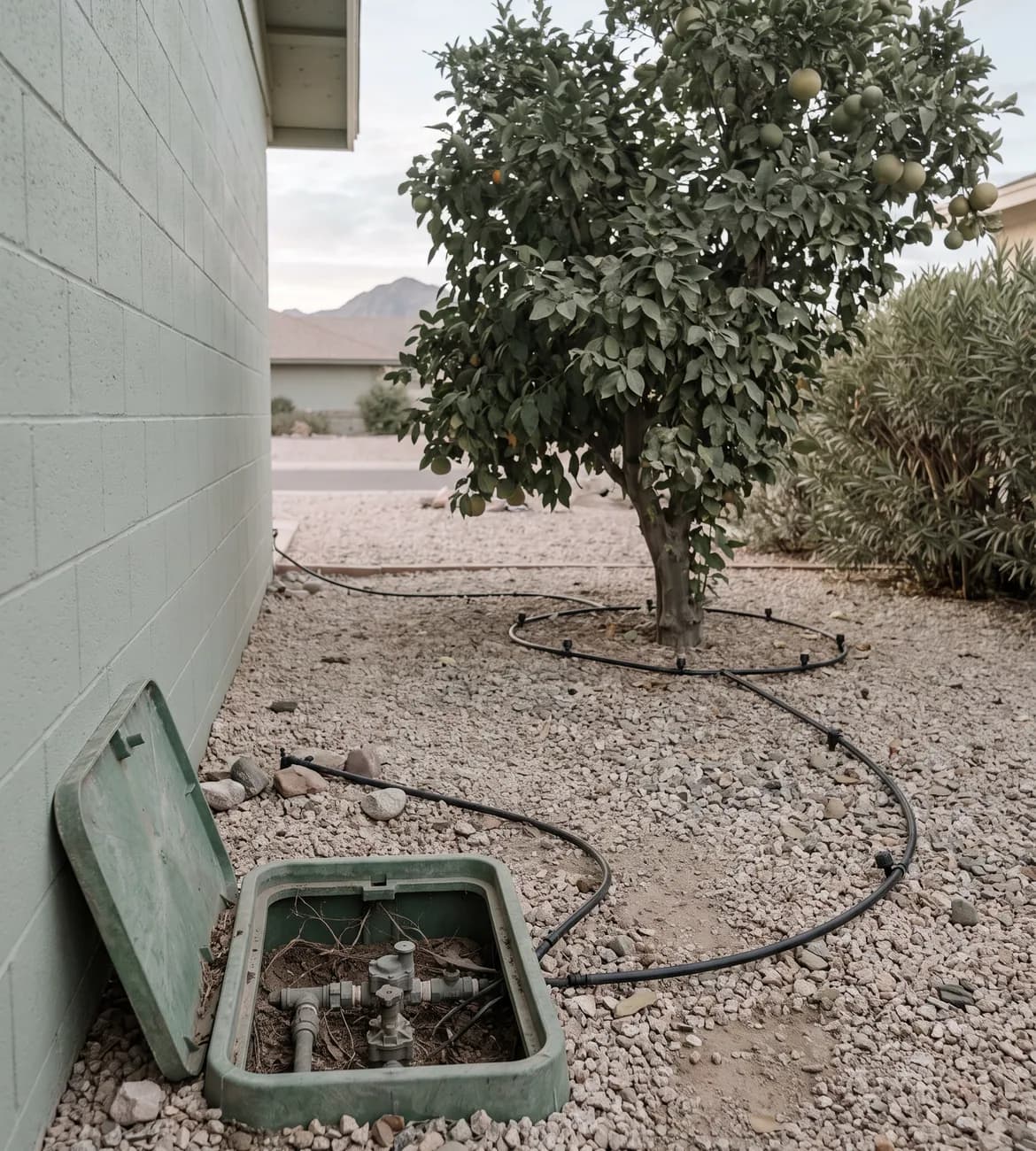 Sun City side yard with a valve manifold opened beside gravel and a citrus tree on drip