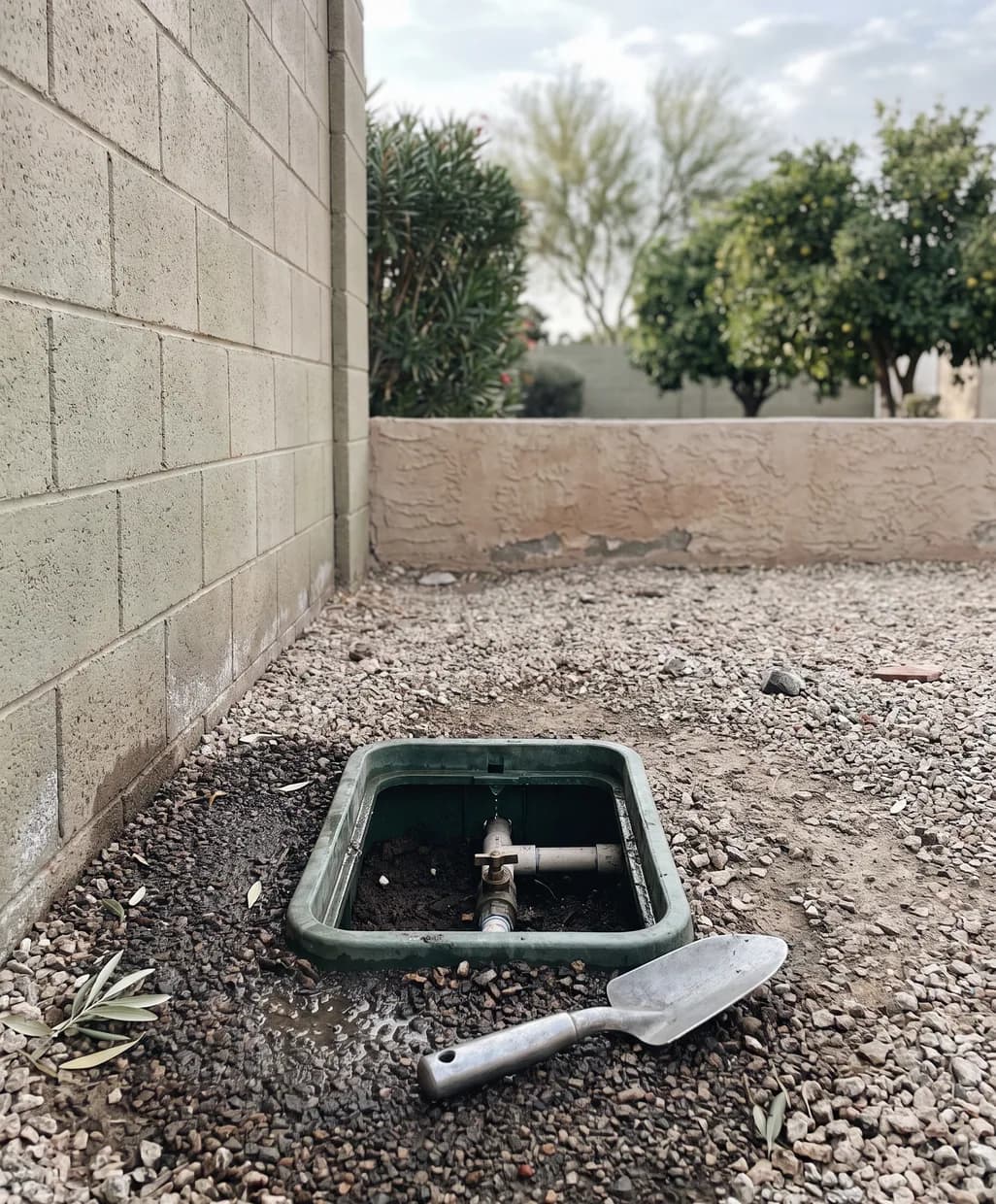 Wet valve box beside a block wall with the line dug out to a fitting that is losing water