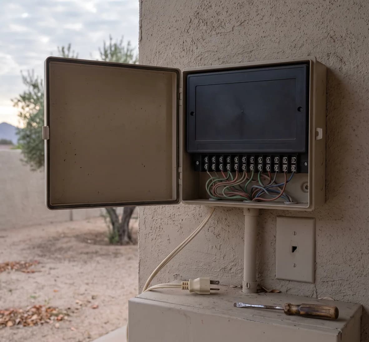 Inside of a beige controller on a carport wall with its zone wires and its power cord unplugged from the outlet beside it