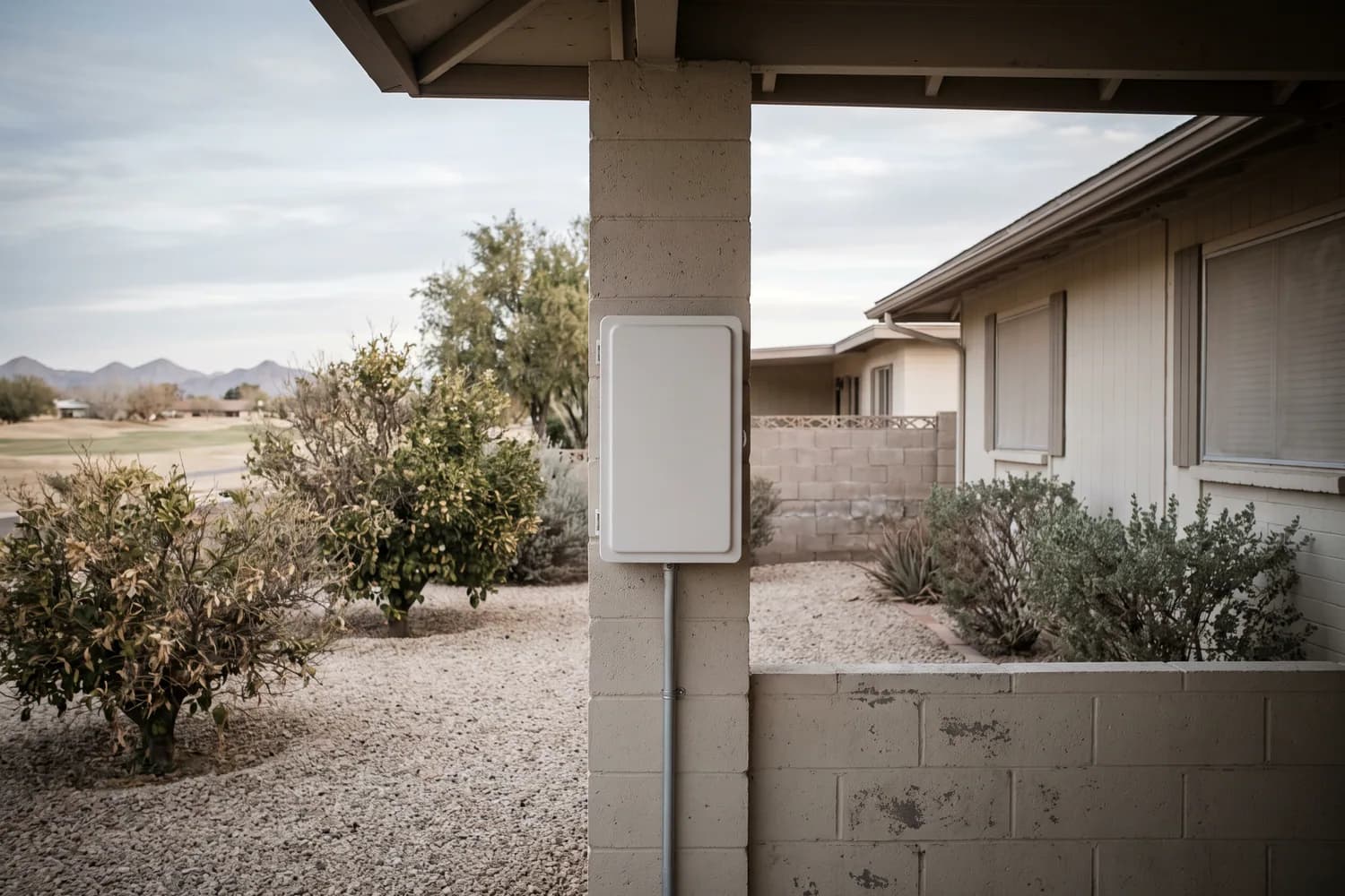 Slim white smart controller with its cover closed on a carport wall of a quiet Sun City home