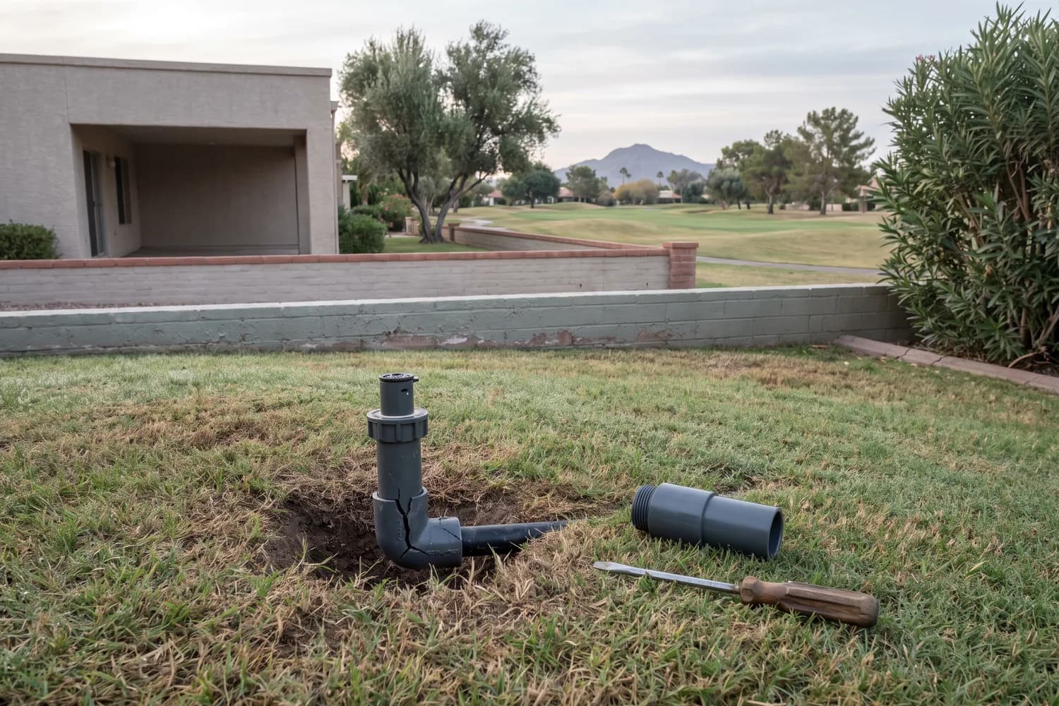 Spray head dug out at the back of a golf-course lot with its cracked swing joint exposed and a new one beside it