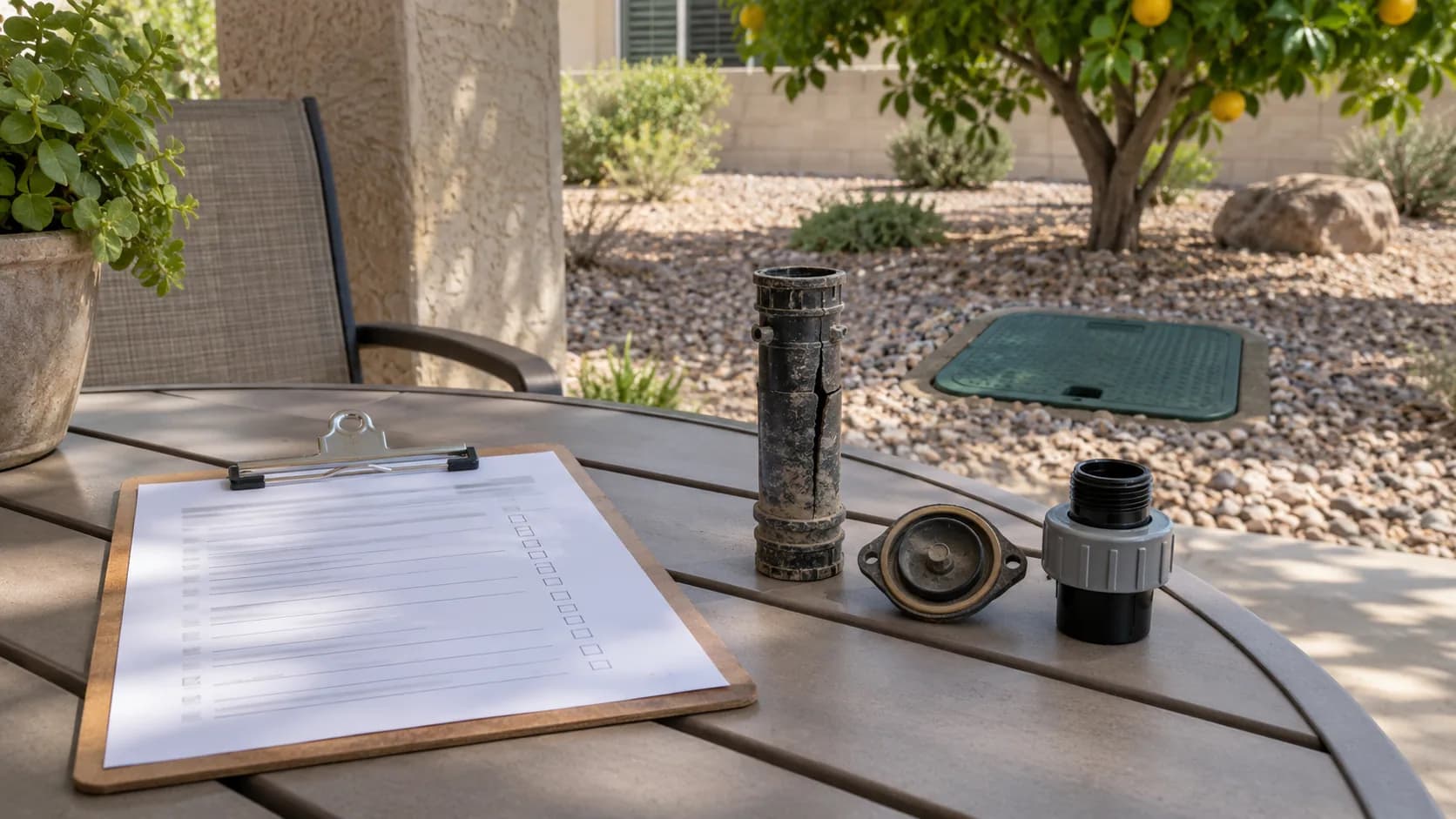Illustration of a repair scope sheet and irrigation parts on a Sun City patio table.