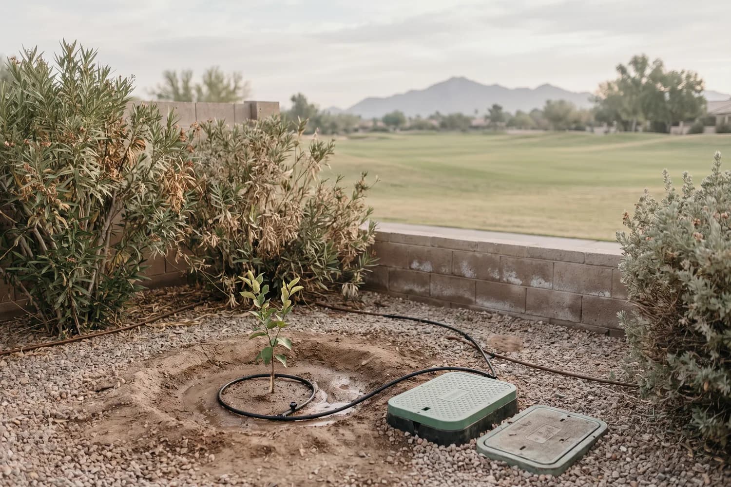 Young citrus tree newly planted in the low corner of a golf-course lot on its own new drip line and valve box
